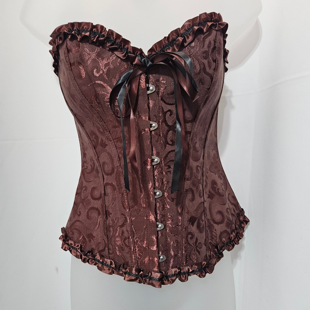 Brown Damask Jacquard Ruffle Corset Top costume pirate Renaissance coquette Sz S
